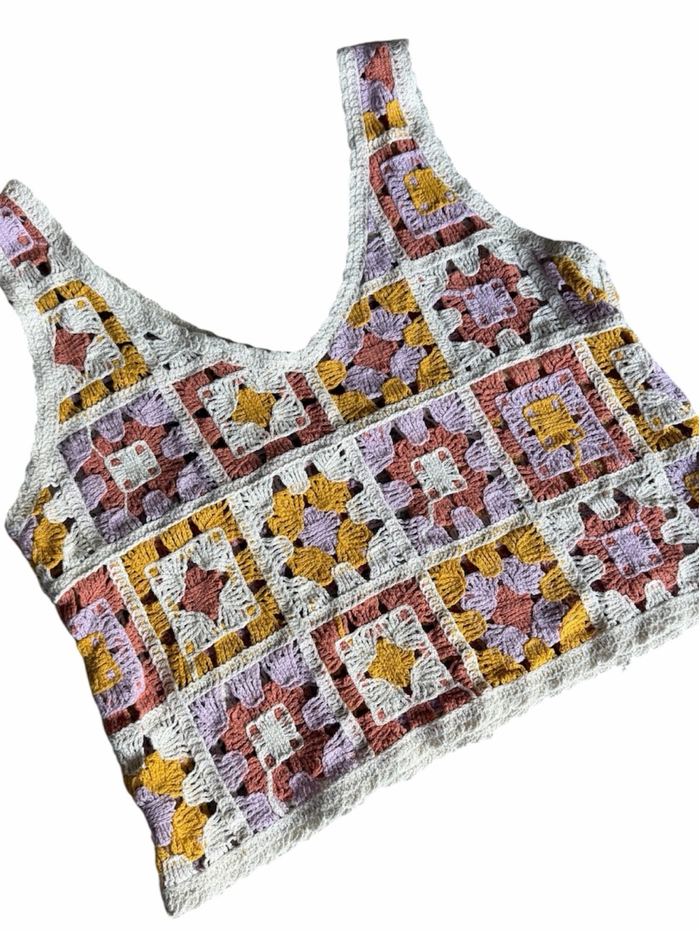 Rebellion Crochet Square Tank Top in White with Pastel Accents